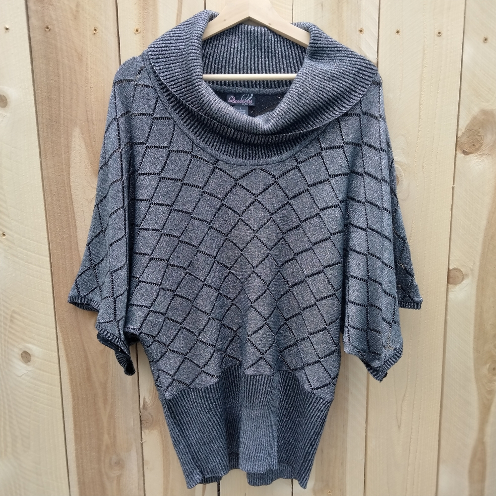 Questions Women's Size Large Cowl Neck Gray Silver Metallic Pullover Sweater